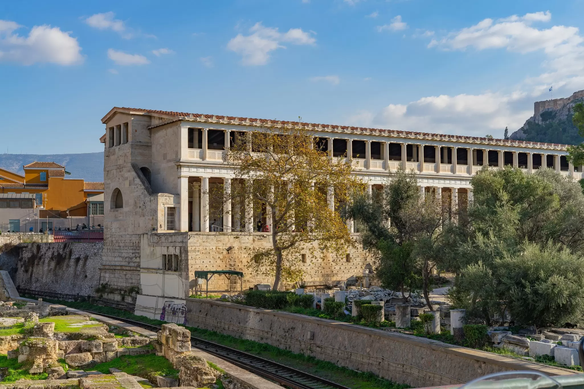 View of the Stoa of Attalos in the Ancient Agora in Athens, Greece.