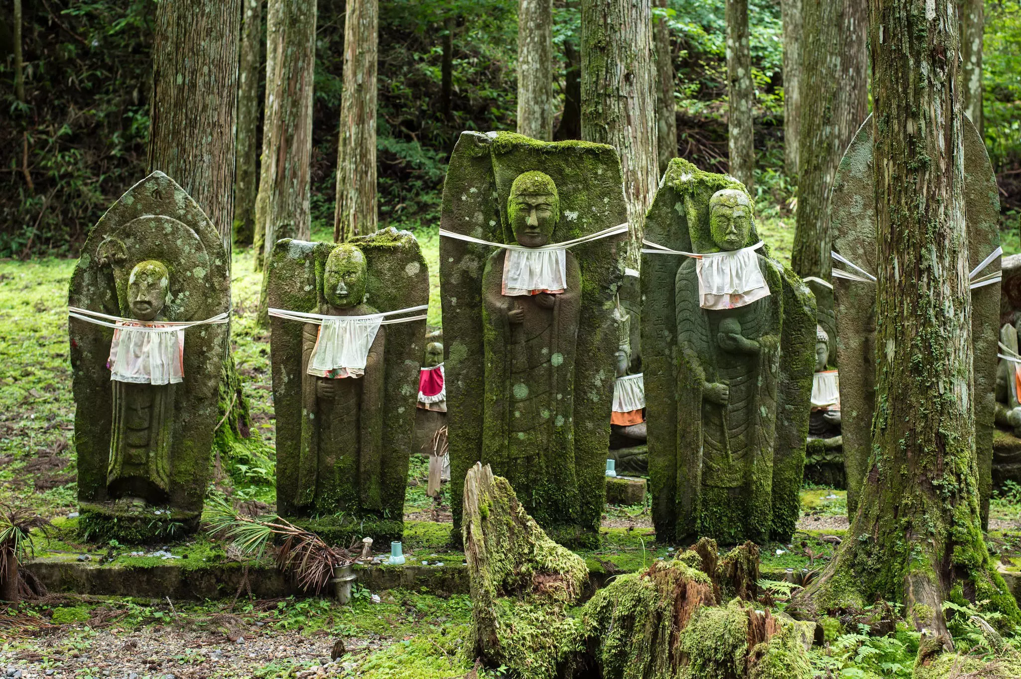 Stone grave markers with carved statues of people on them in Okunoin Cemetery in Koyasan, Japan