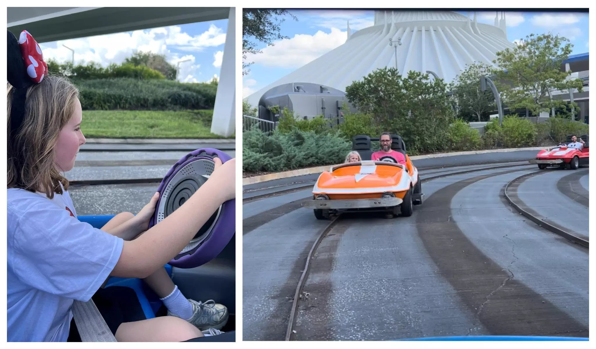 Left: a girl in Minnie Mouse ears driving a car. Right: a man and a little boy ride in a car at Tomorrowland in Disney World