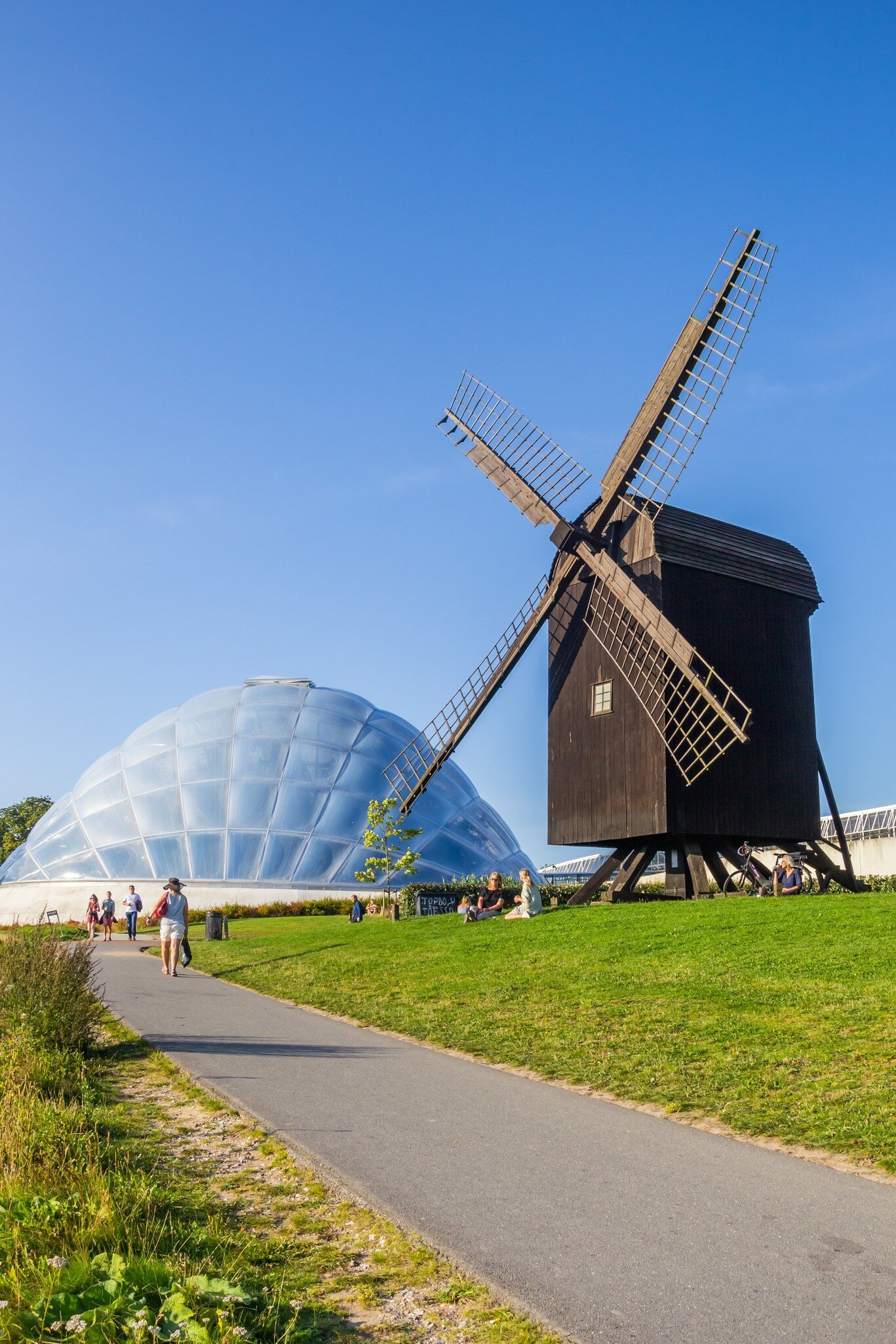 Historic windmill and modern greenhouse in the botanical garden of Aarhus, Denmark.