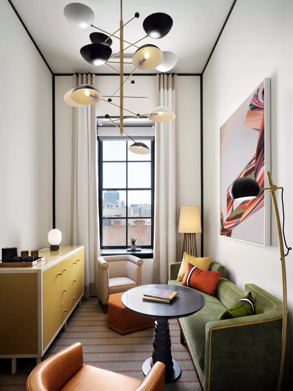 A living area inside a guest room at 21c Museum Hotel in St Louis