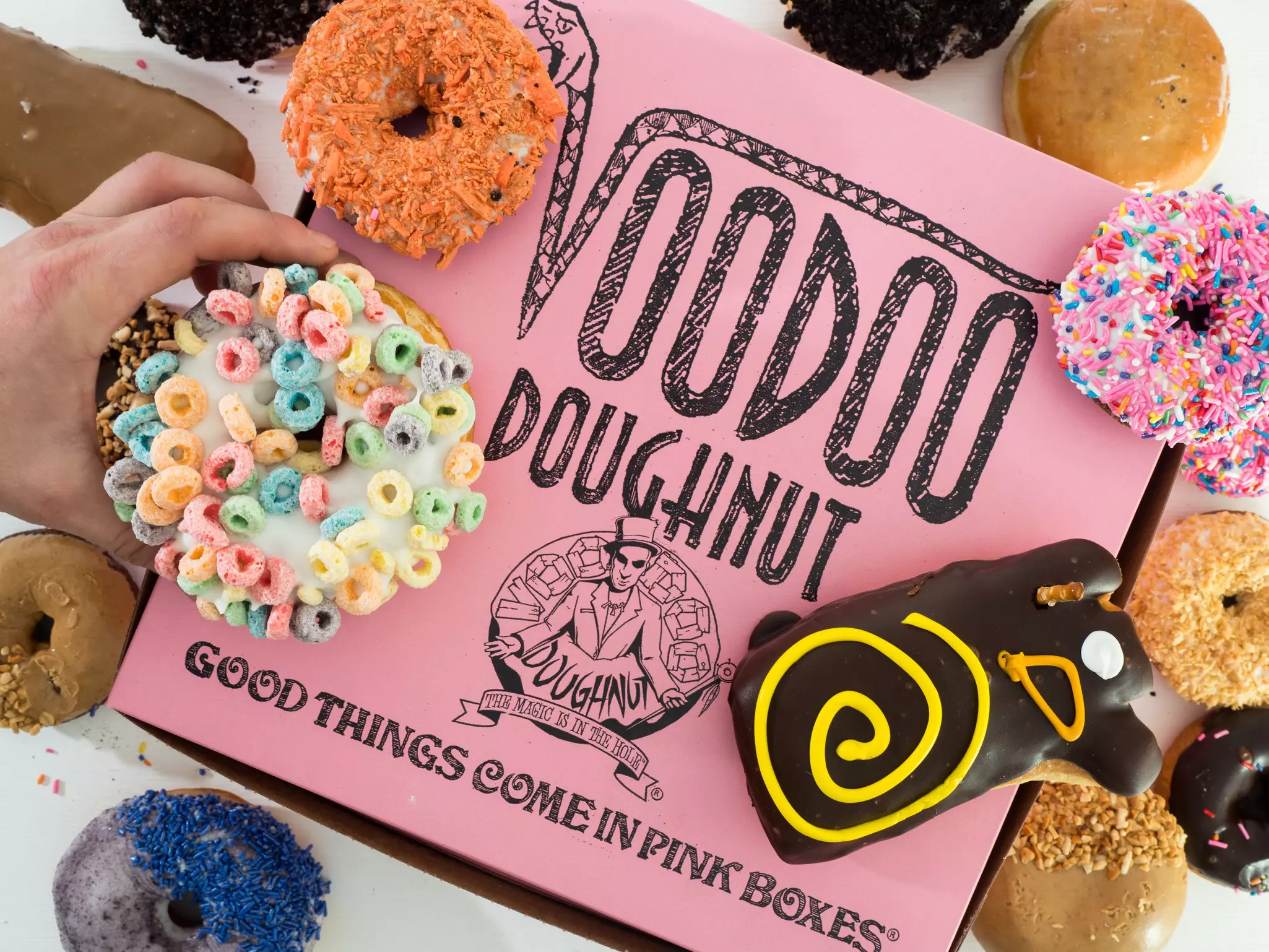 Flat lay of popular Voodoo Doughnuts in Portland, Oregon. Funky and colorful donuts in PDX.