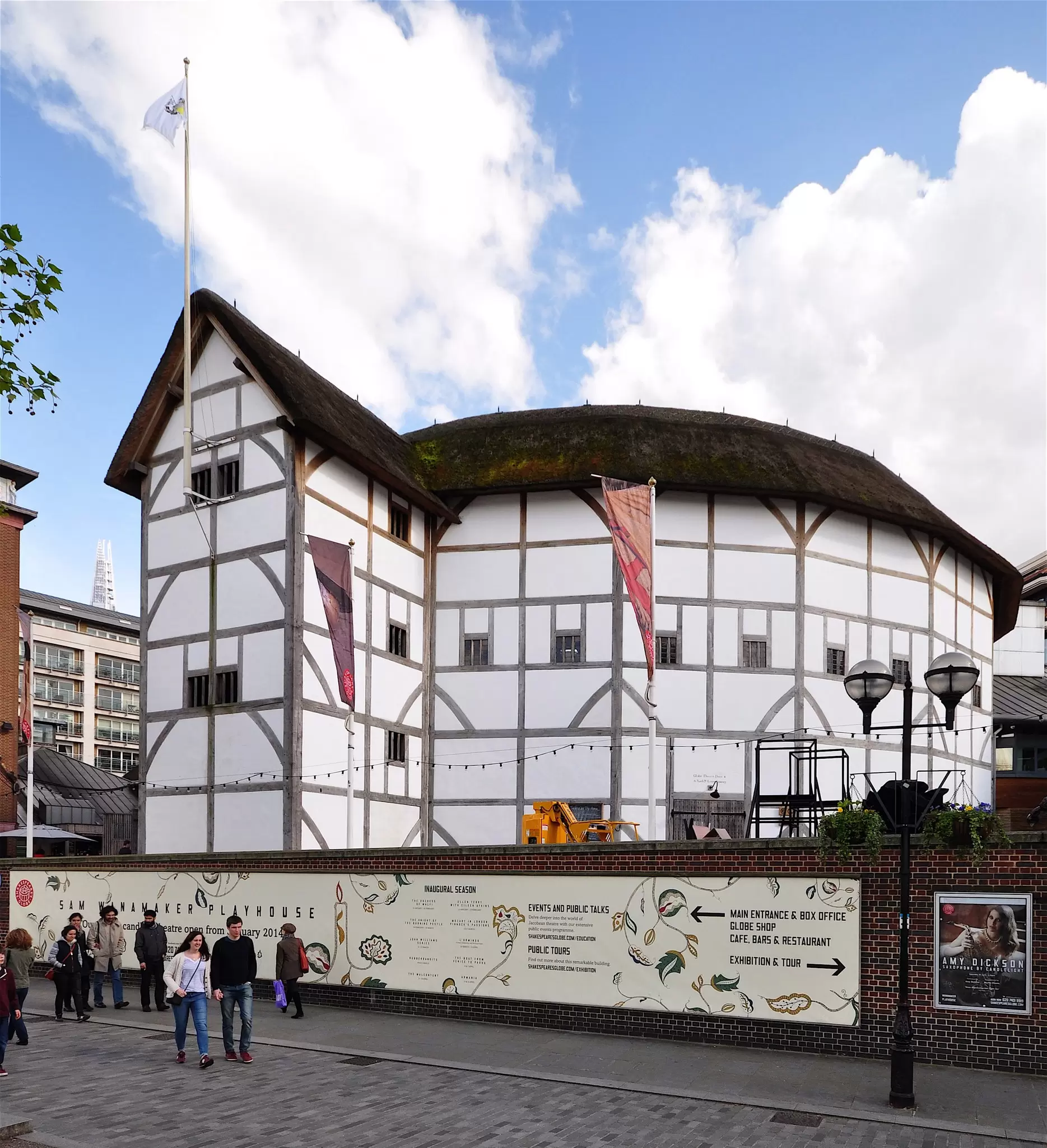 LONDON - APRIL 26, 2014. Shakespeare's Globe is a replica of the original 1599 Elizabethan Theatre which was destroyed by fire in 1613, rebuilt in 1614 and demolished in 1644 at Southwark, London, UK.  License Type: media  Download Time: 2022-01-17T23:35:41.000Z  User: mvm_lonelyplanet  Is Editorial: Yes  purchase_order:   