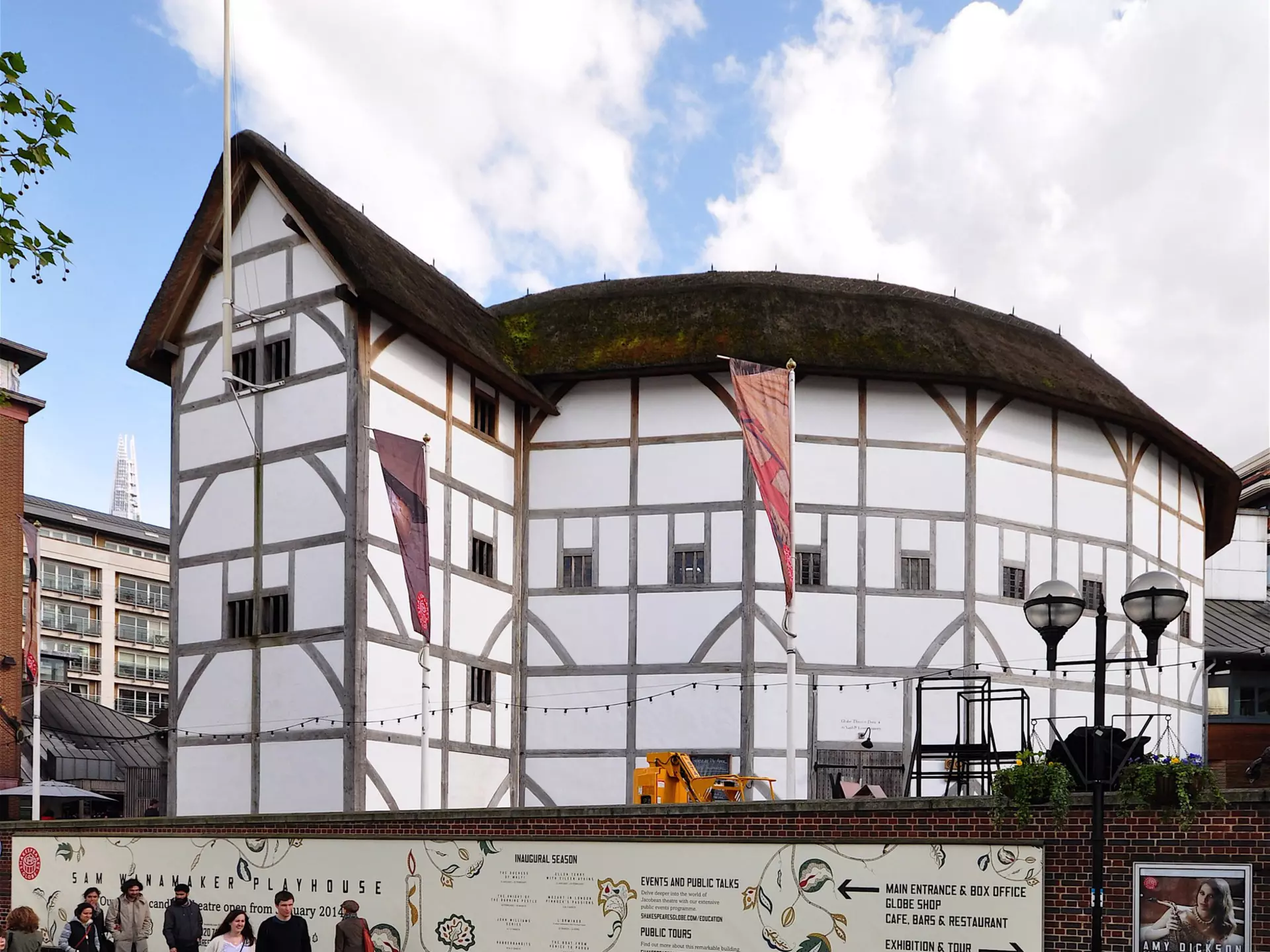 LONDON - APRIL 26, 2014. Shakespeare's Globe is a replica of the original 1599 Elizabethan Theatre which was destroyed by fire in 1613, rebuilt in 1614 and demolished in 1644 at Southwark, London, UK.  License Type: media  Download Time: 2022-01-17T23:35:41.000Z  User: mvm_lonelyplanet  Is Editorial: Yes  purchase_order:   