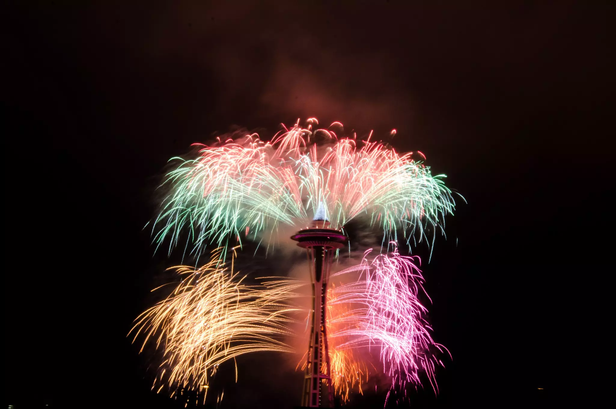 Space Needle New Year's Eve firework in downtown Seattle.