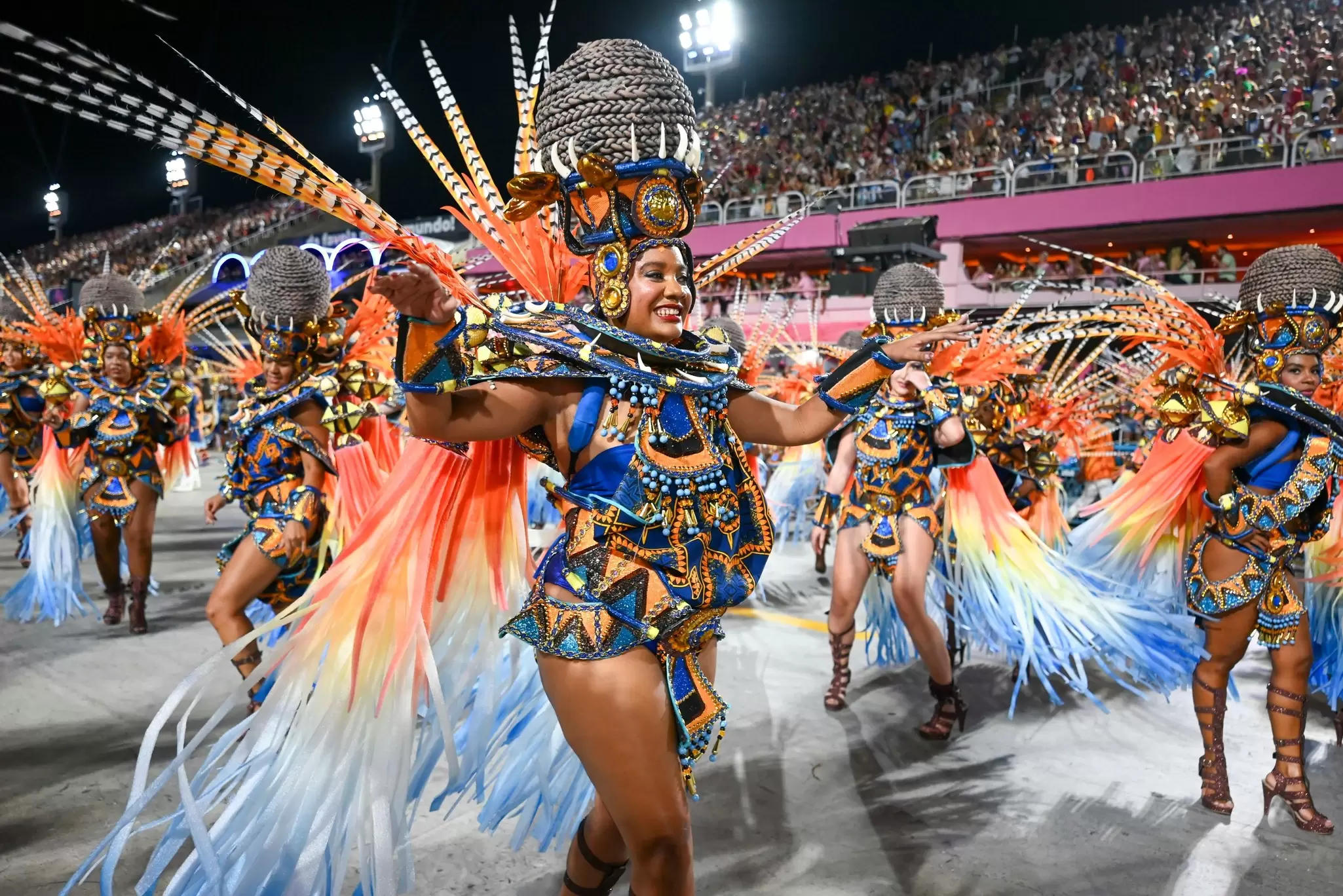 View of dancers of the Tijuca samba school performing during the Rio Carnival in Brazil.