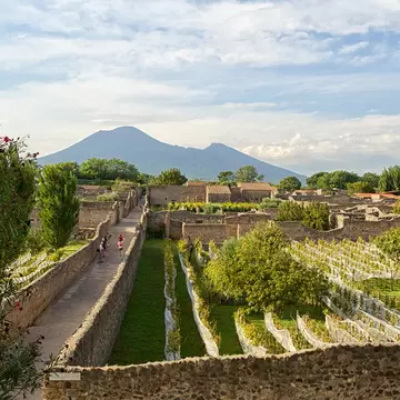 Ruined stone houses, walled lanes and vineyards of Pompeii with Mount Vesuvius rising behind