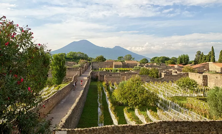 Ruined stone houses, walled lanes and vineyards of Pompeii with Mount Vesuvius rising behind