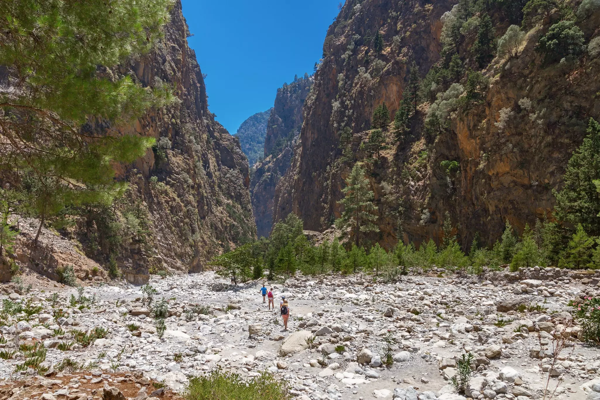 Four hikers on a rocky riverbed weave their way between steep cliff faces in a gorge.