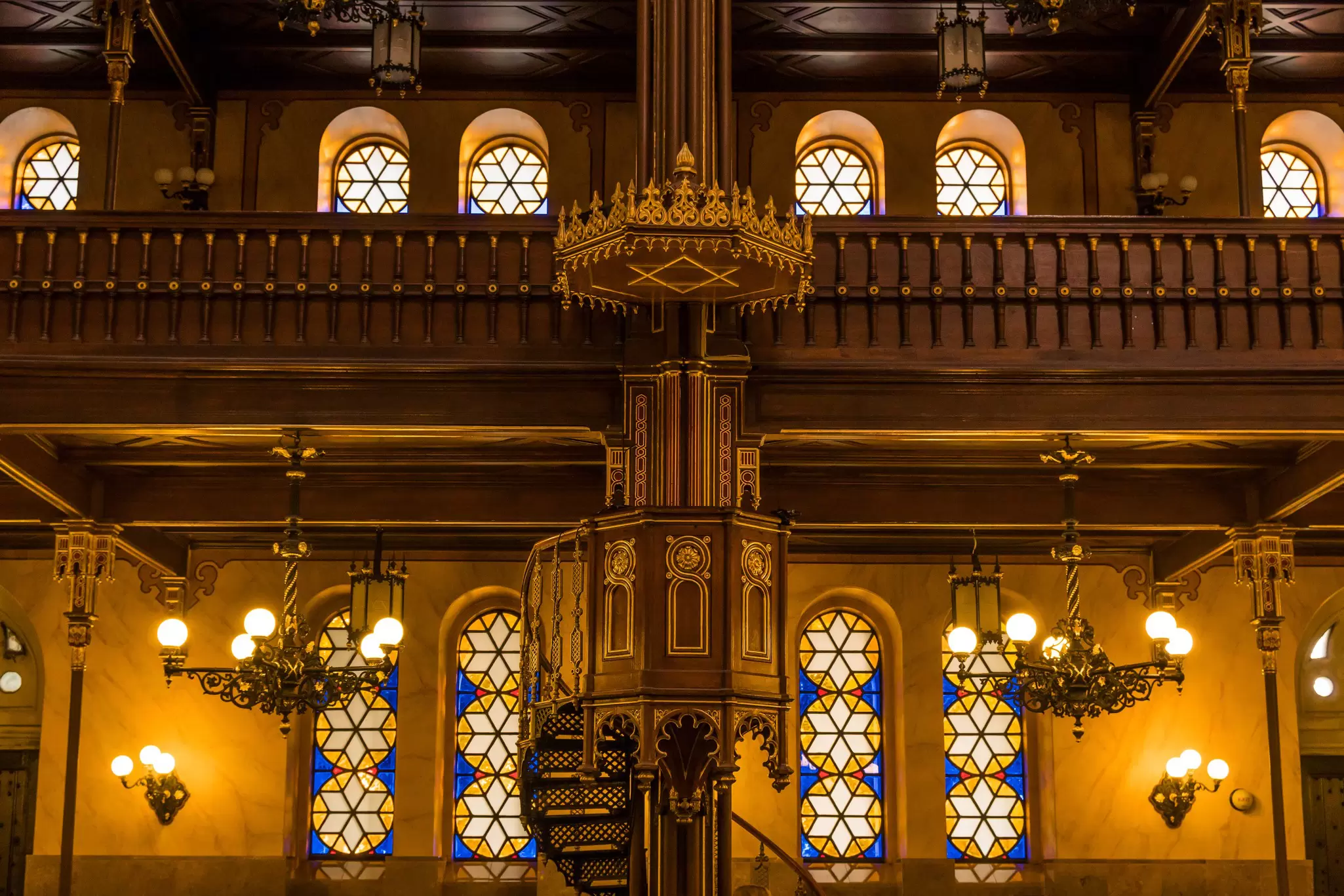 Stained glass windows and interior of the Dohány Street Synagogue (also known as the Great Synagogue) in Budapest, Hungary.
