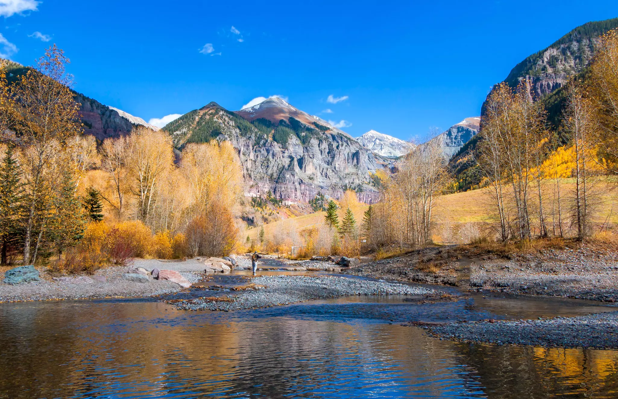 Fly fisherman on the San Miguel River near Telluride, Colorado. 