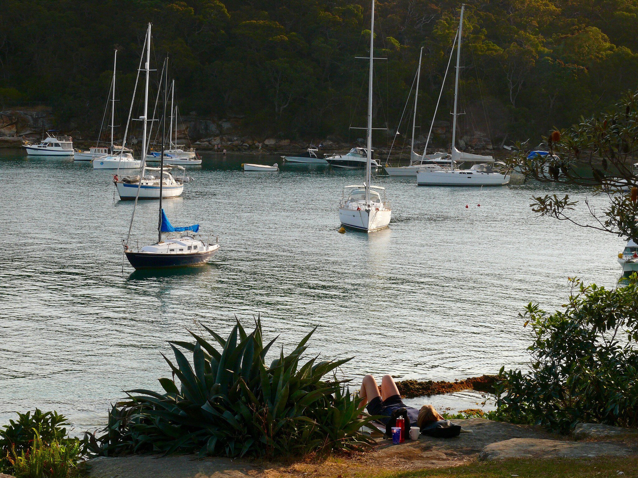 A woman relaxing near Forty Baskets Beach and boats in Sydney, Australia. 