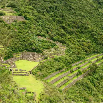 Choquequirao is an Incan site in south Peru, similar in structure and architecture to Machu Picchu. The ruins are buildings and terraces at levels above and below Sunch'u Pata, the truncated hill top