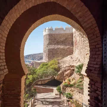 View through a doorway of the Alcazaba in Almería, Spain.