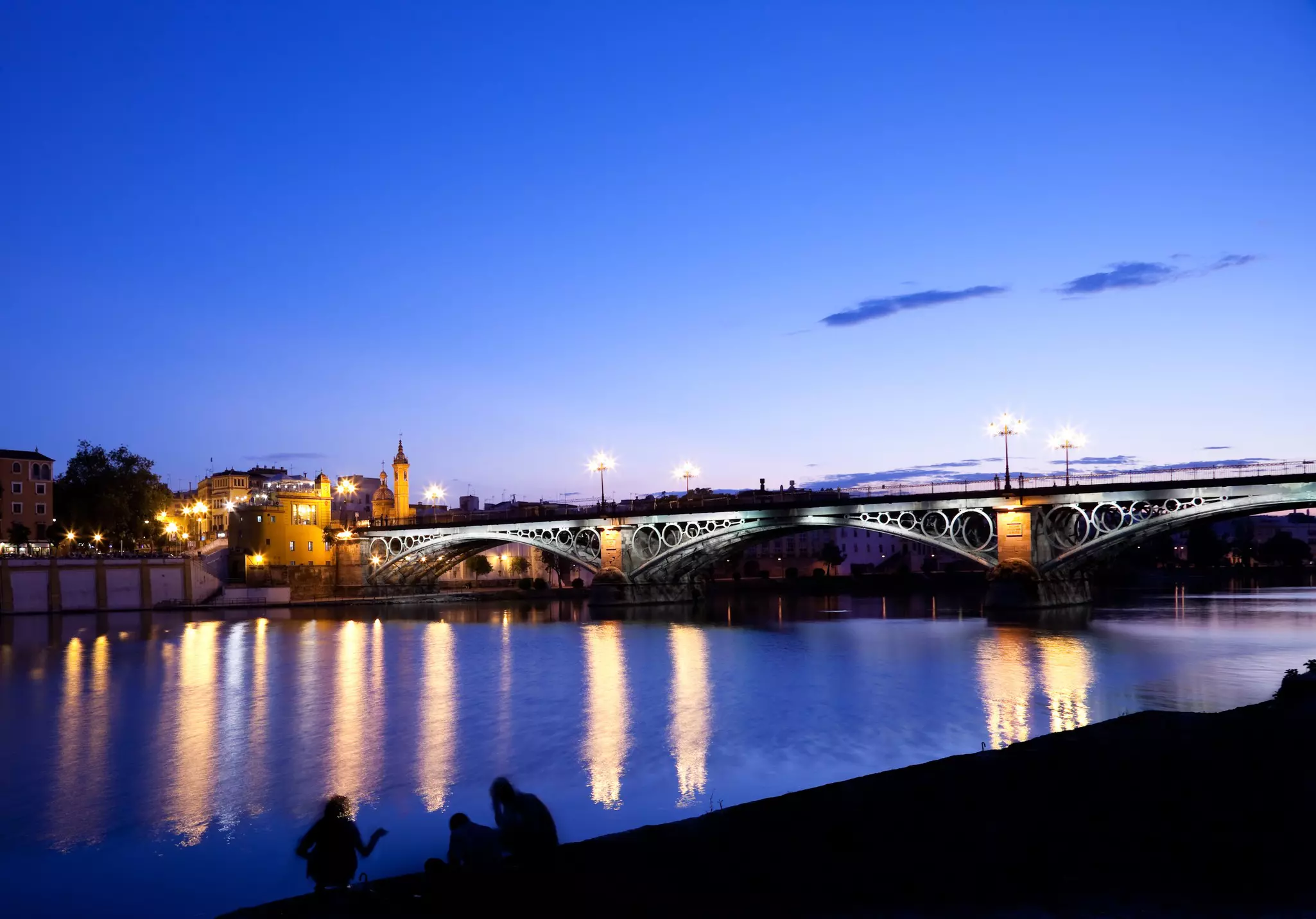 The Triana Bridge spanning the Guadalquivir river in Seville illuminated at night