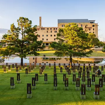 Oklahoma, OCT 2, 2021 - Sunset exterior garden of Oklahoma City National Memorial and Museum; Shutterstock ID 2058255926;