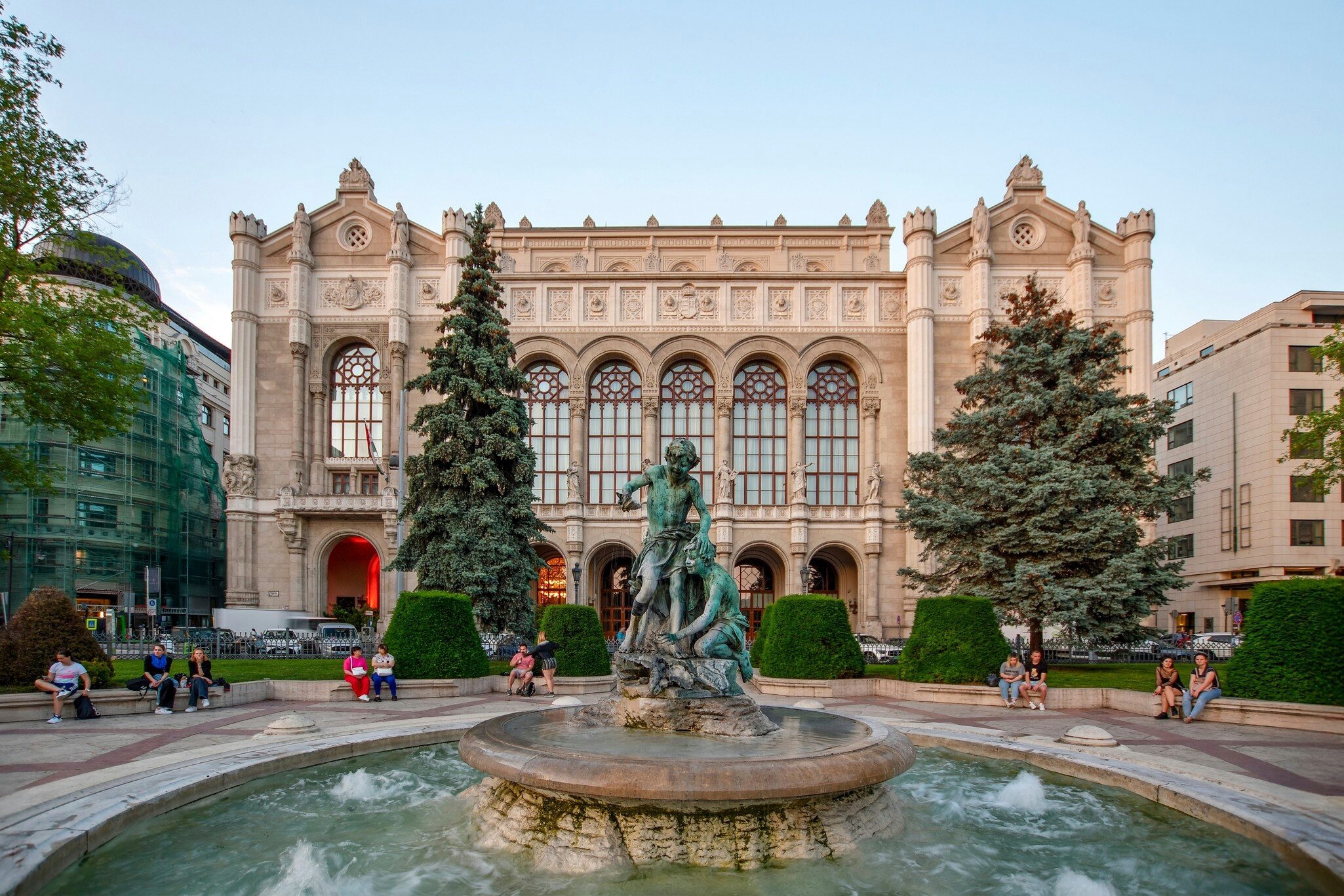 View of the Pesti Vigadó concert hall in the early evening in Budapest, Hungary.