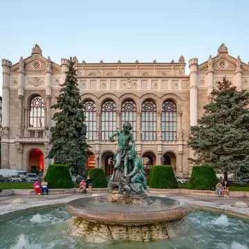 View of the Pesti Vigadó concert hall in the early evening in Budapest, Hungary.