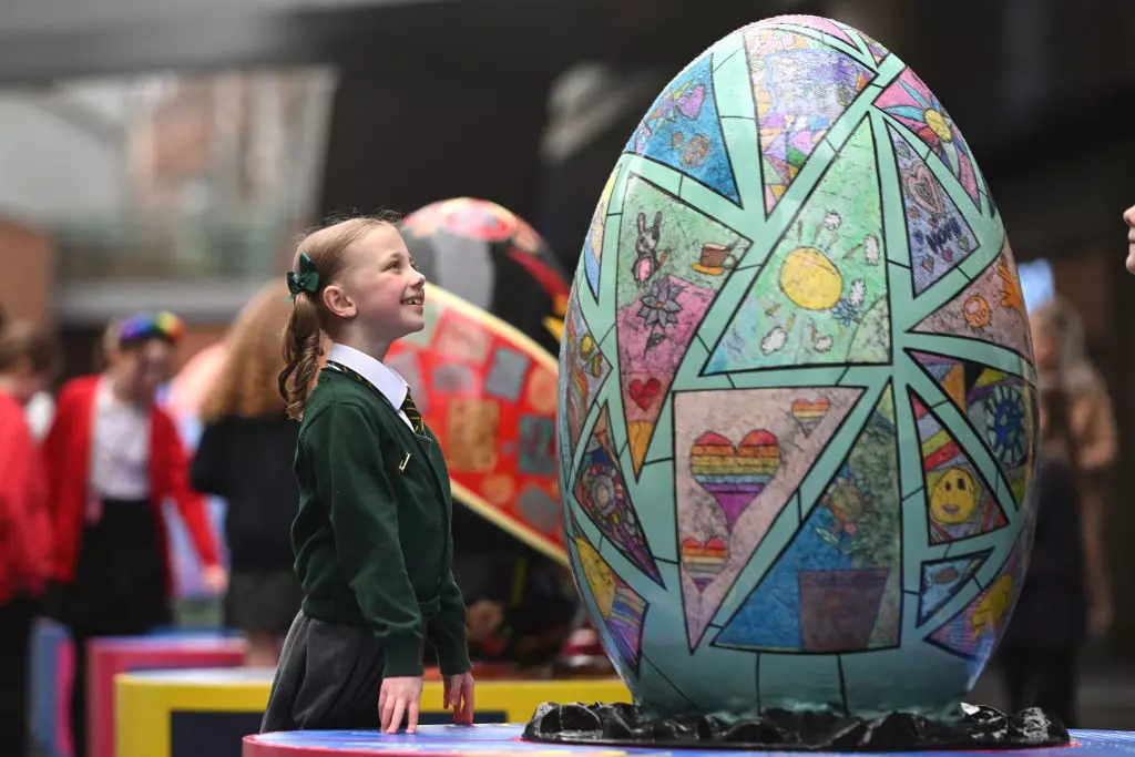 Children have joined the Ukrainian community to decorate giant eggs to be placed across the city, celebrating both Easter and Eurovision © Anthony Devlin / Getty Images