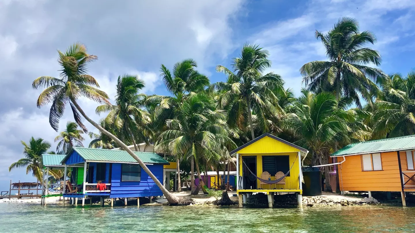 Colorful, small bungalows are built out over the clear water with palm trees behind them, Tobacco Caye, Belize