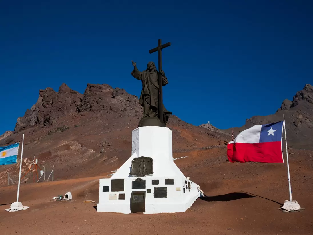 Statue of Christ (Cristo Redentor de los Andes) near mountain pass Paso Los Libertadores, Argentina.