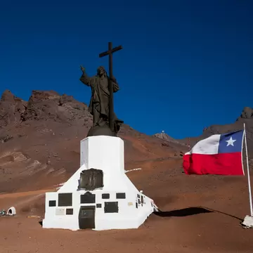 Statue of Christ (Cristo Redentor de los Andes) near mountain pass Paso Los Libertadores, Argentina.