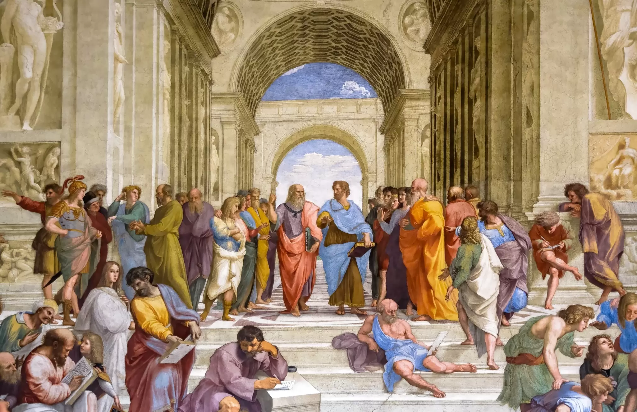 The famous wall fresco 'School of Athens' by Raphael in the Vatican Museums in Vatican City, Rome, Italy.