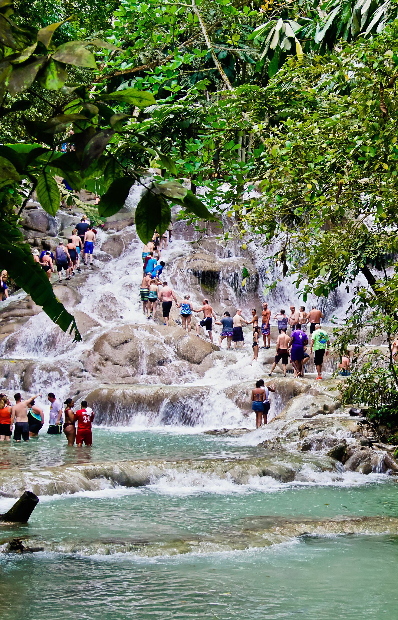 January 31, 2019: Tourists climbing the rocky terrace of Dunn’s River Falls.