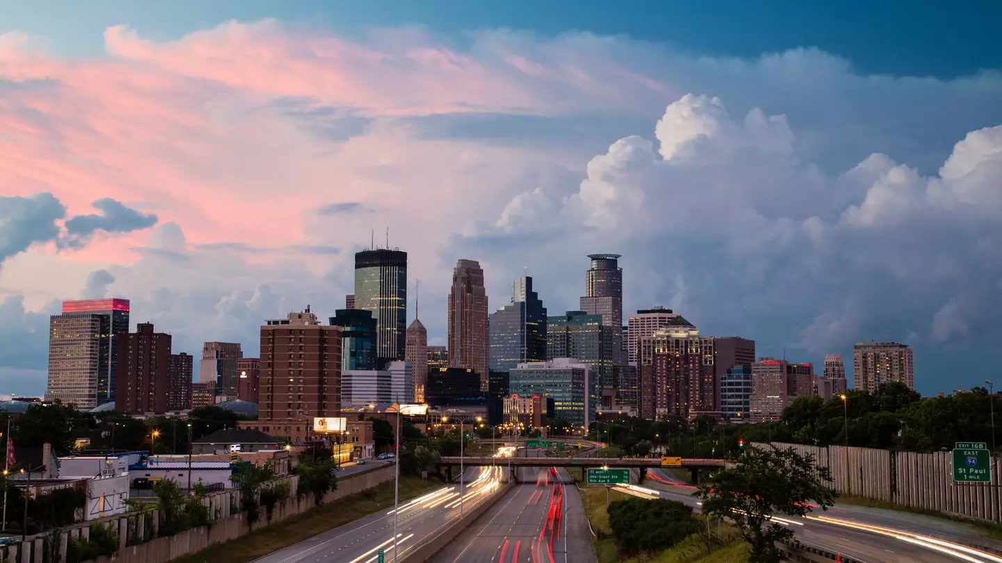 The iconic skyline shot from the 24th Avenue pedestrian bridge over I-35W just after a storm passed through