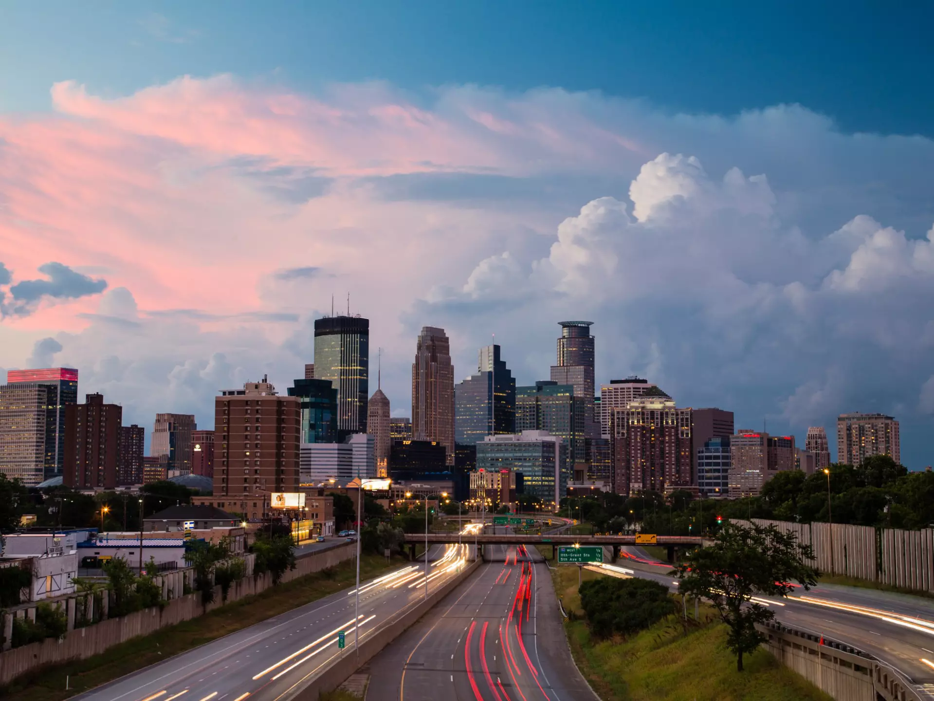 The iconic skyline shot from the 24th Avenue pedestrian bridge over I-35W just after a storm passed through