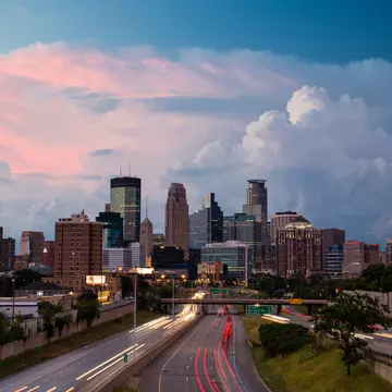 The iconic skyline shot from the 24th Avenue pedestrian bridge over I-35W just after a storm passed through