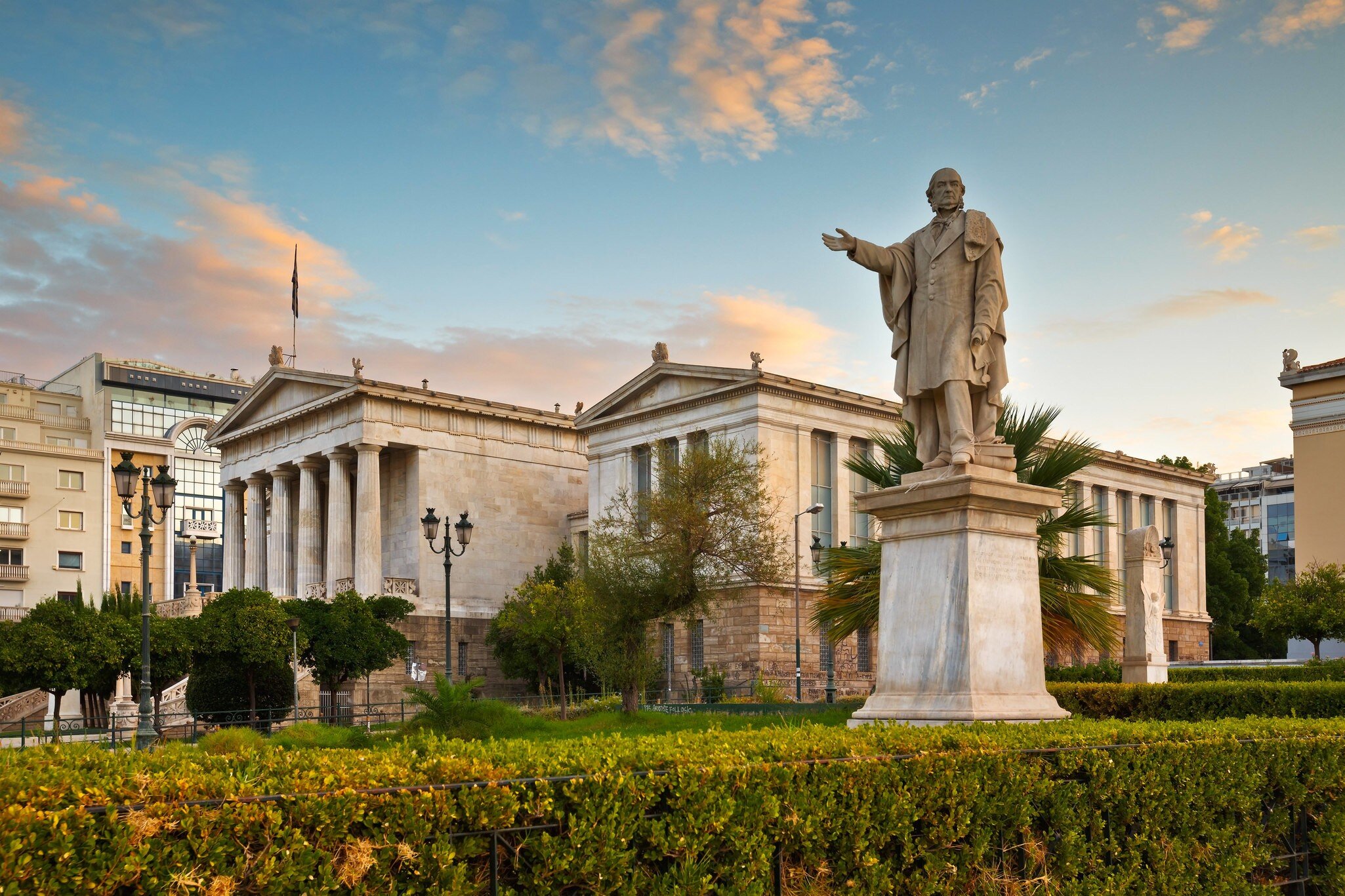September 25, 2015: Statue at the National Library of Greece in Panepistimio.