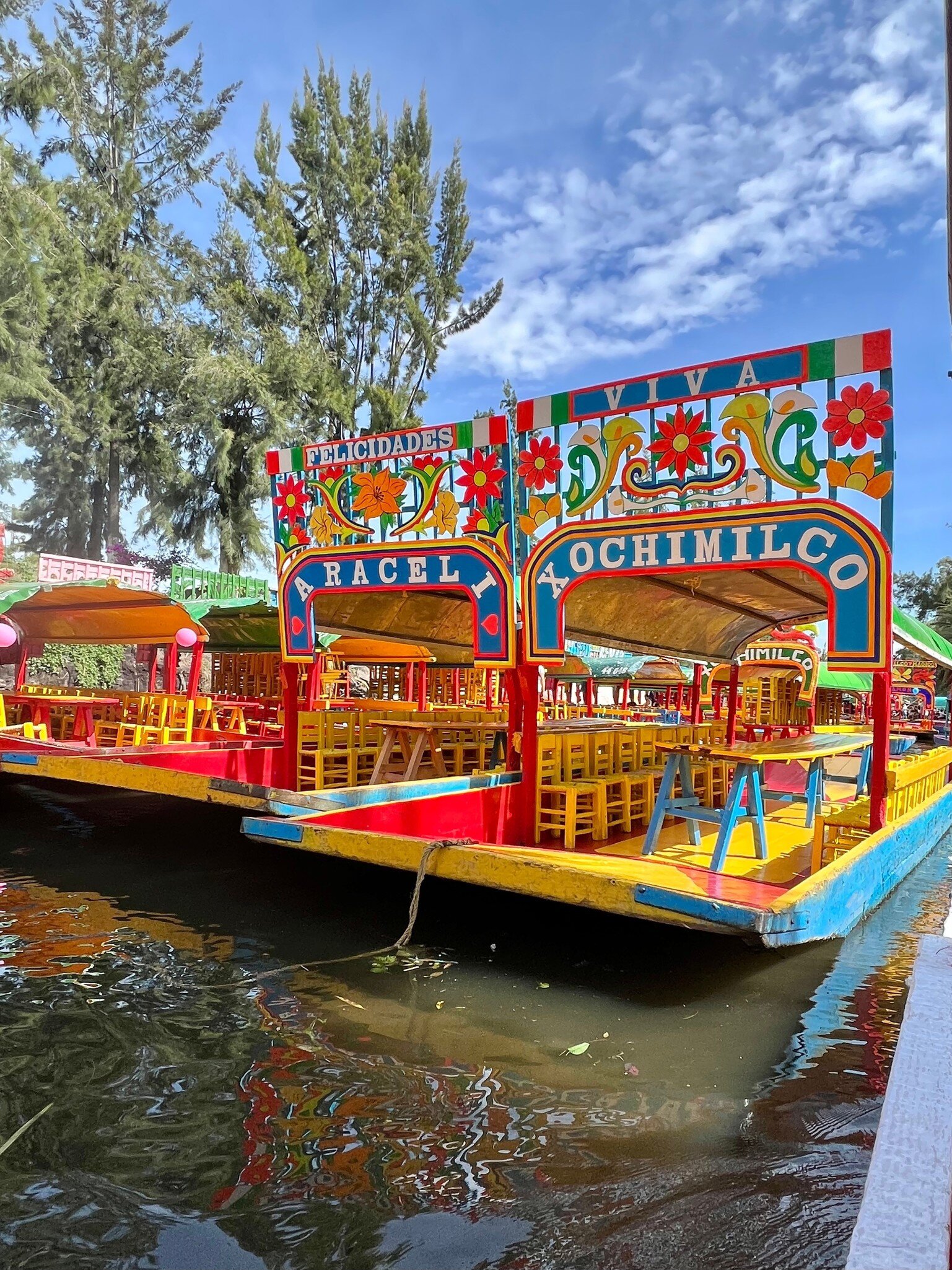Trajinera or punt on the canals and floating gardens of Xochimilco Mexico City