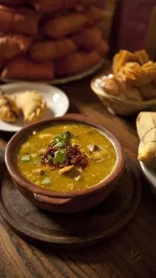 A bowl of yellowish soup and plates of tamales, empanadas and other Argentine pastries.