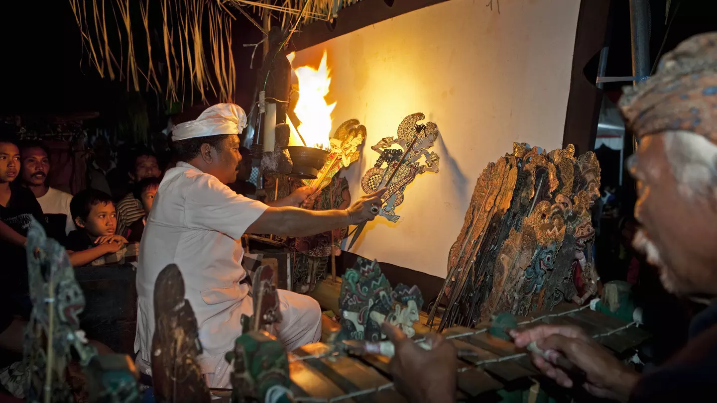 Behind the screen at a Wayang Kulit shadow puppet theater, Bali