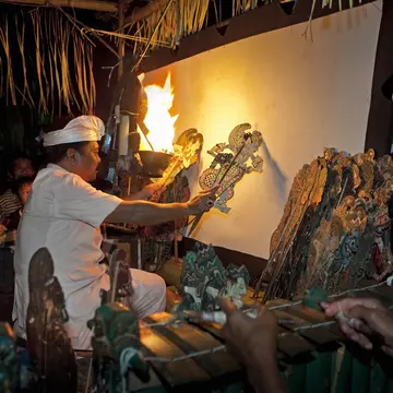 Behind the screen at a Wayang Kulit shadow puppet theater, Bali