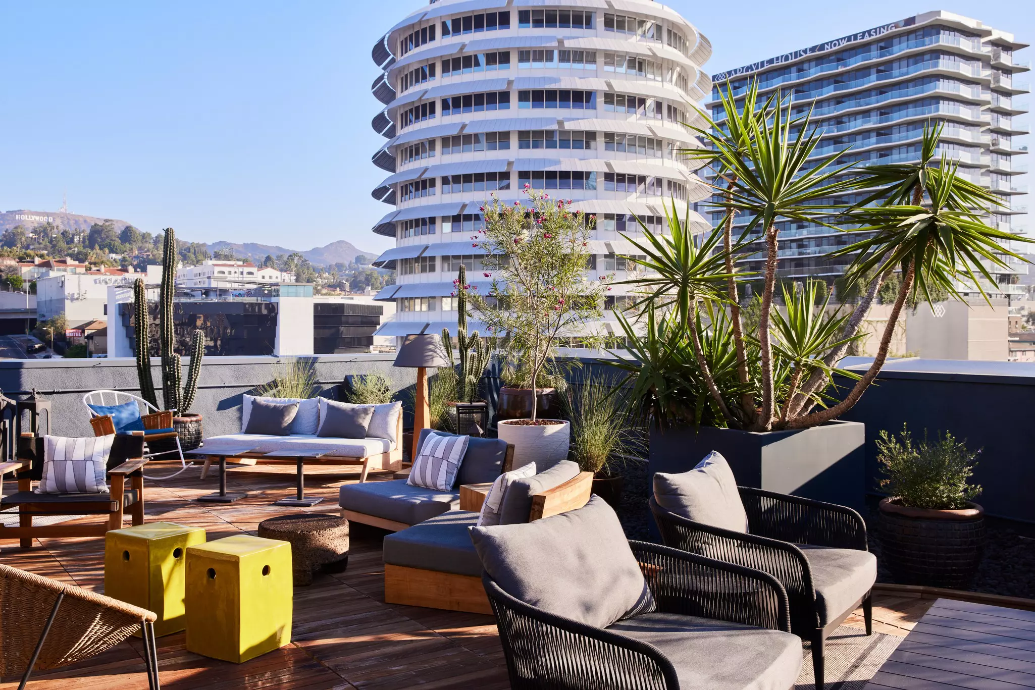 A deck with views of the Hollywood sign and Capitol Records in the background.