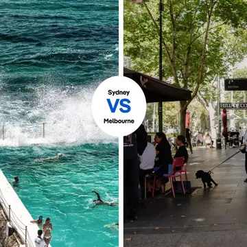 Left: Sydney Rocks on Bondi Beach. GagliardiImages/Shutterstock; Right: CBD scenes near Mid Air Restaurant and Bar, Melbourne. Sarah Pannell for Lonely Planet
