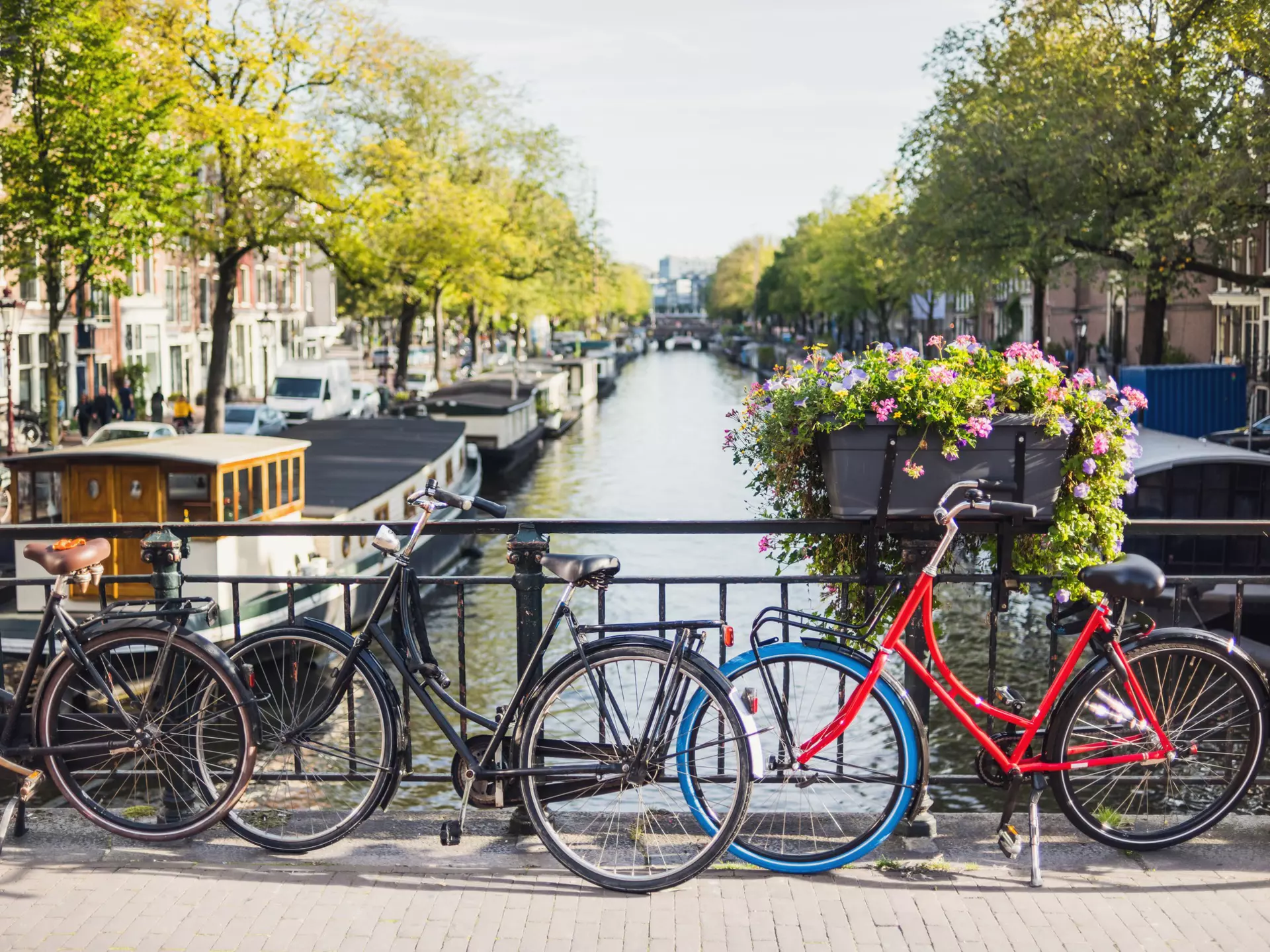 Three bikes locked to an iron fence above a canal with canal boats and brick buildings buildings in the distance.