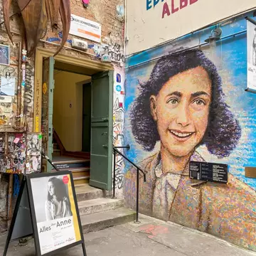 Entrance to the Anne Frank Zentrum's exhibition "All about Anne" presented at Hackescher Markt in Berlin-Mitte, Germany.