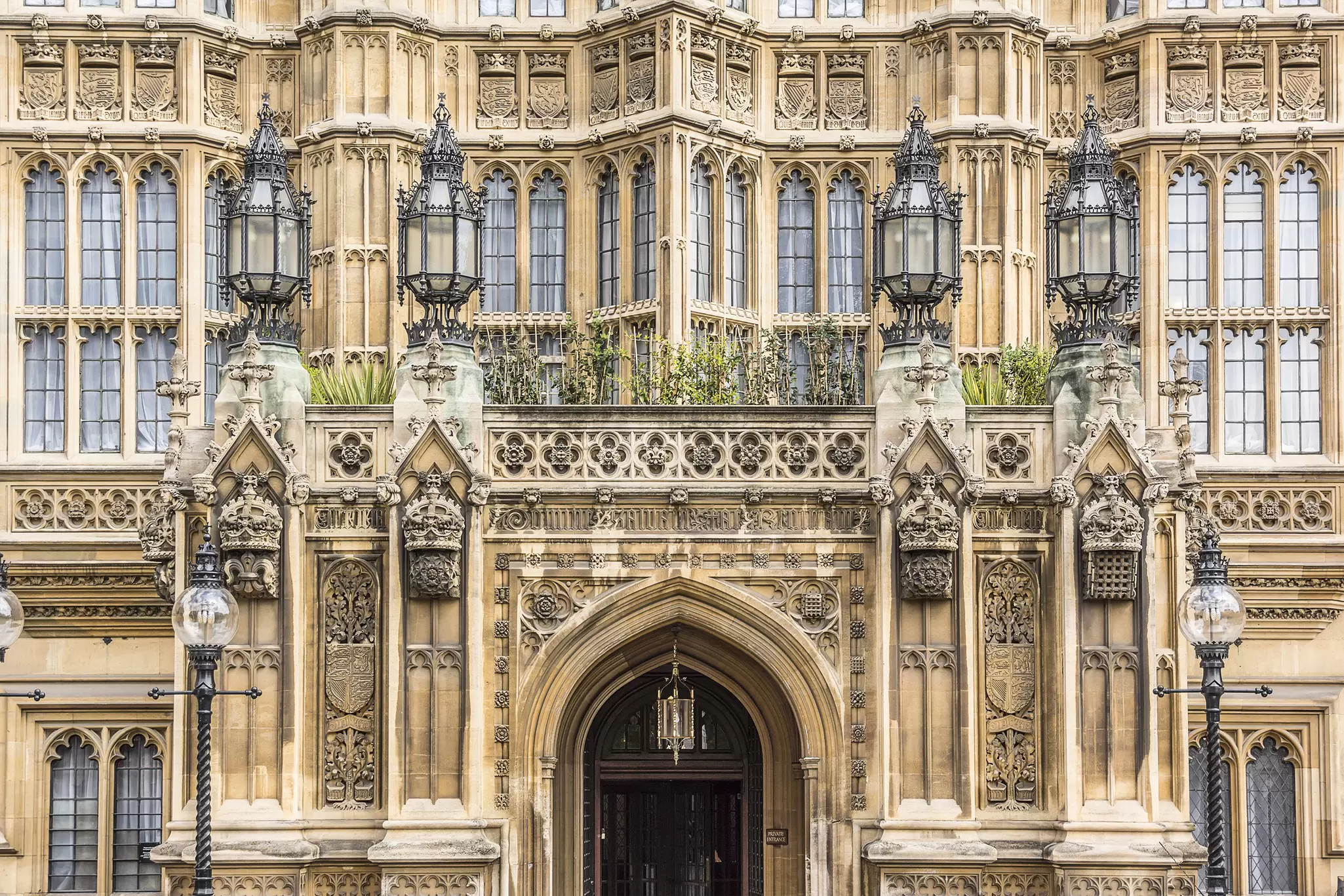 Architectural details of the Palace of Westminster (known as the Houses of Parliament) in London, UK.