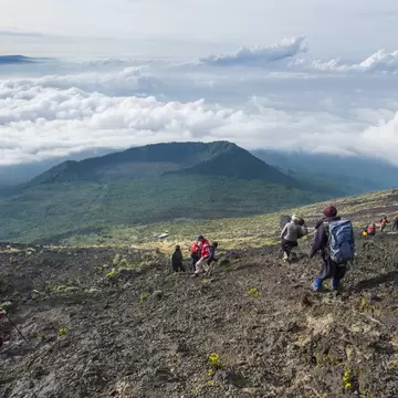 A group of western trekking tourists together with their local porters and guides descencing from the crater rim of Nyiragongo Volcano in Virunga National Park in January 2016.