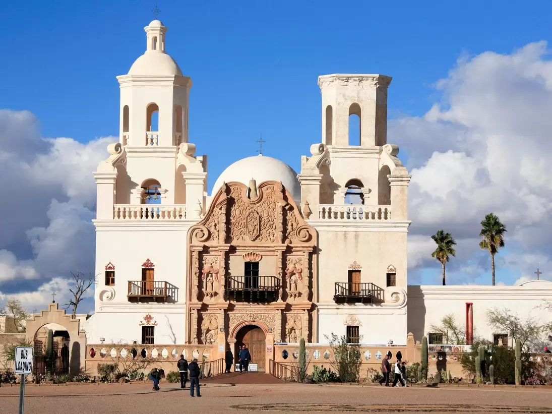 Tucson City, Arizona USA - Dec 26, 2018: The famous Mission San Xavier del Bac under a dramatic sky in Tucson City, Arizona on Dec 26, 2018