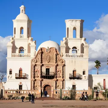 Tucson City, Arizona USA - Dec 26, 2018: The famous Mission San Xavier del Bac under a dramatic sky in Tucson City, Arizona on Dec 26, 2018
