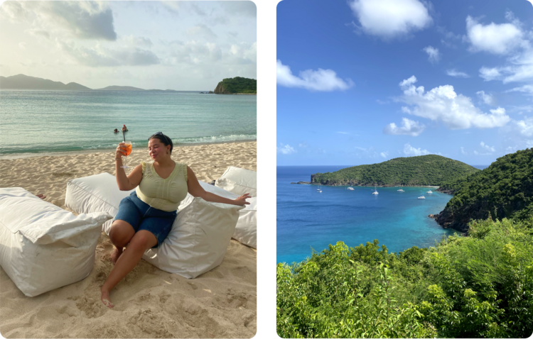 Chamidae with a cocktail on the beach and a view of the bay