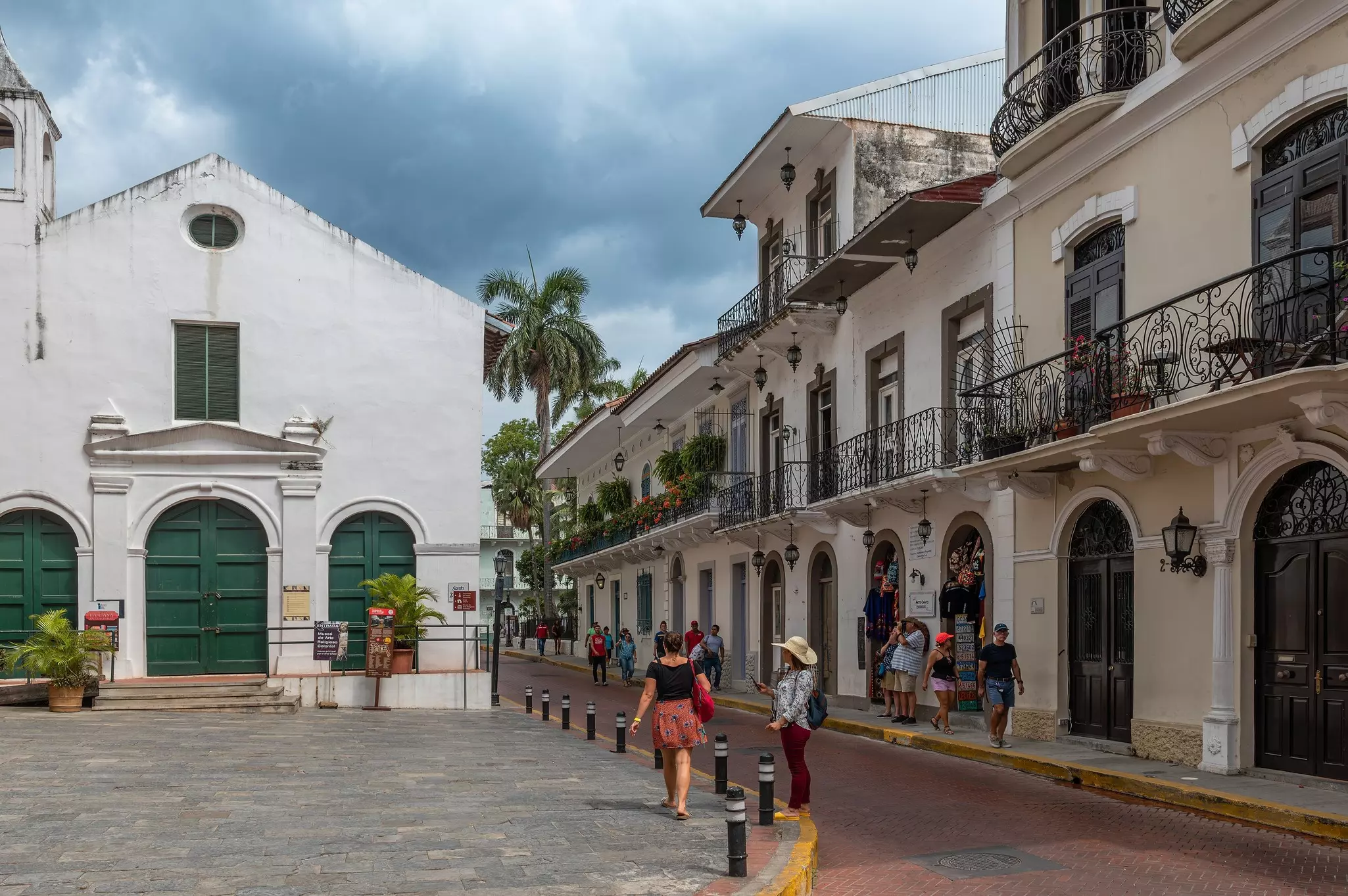 Small street with historic buildings in the old town of Panam City, Panama.