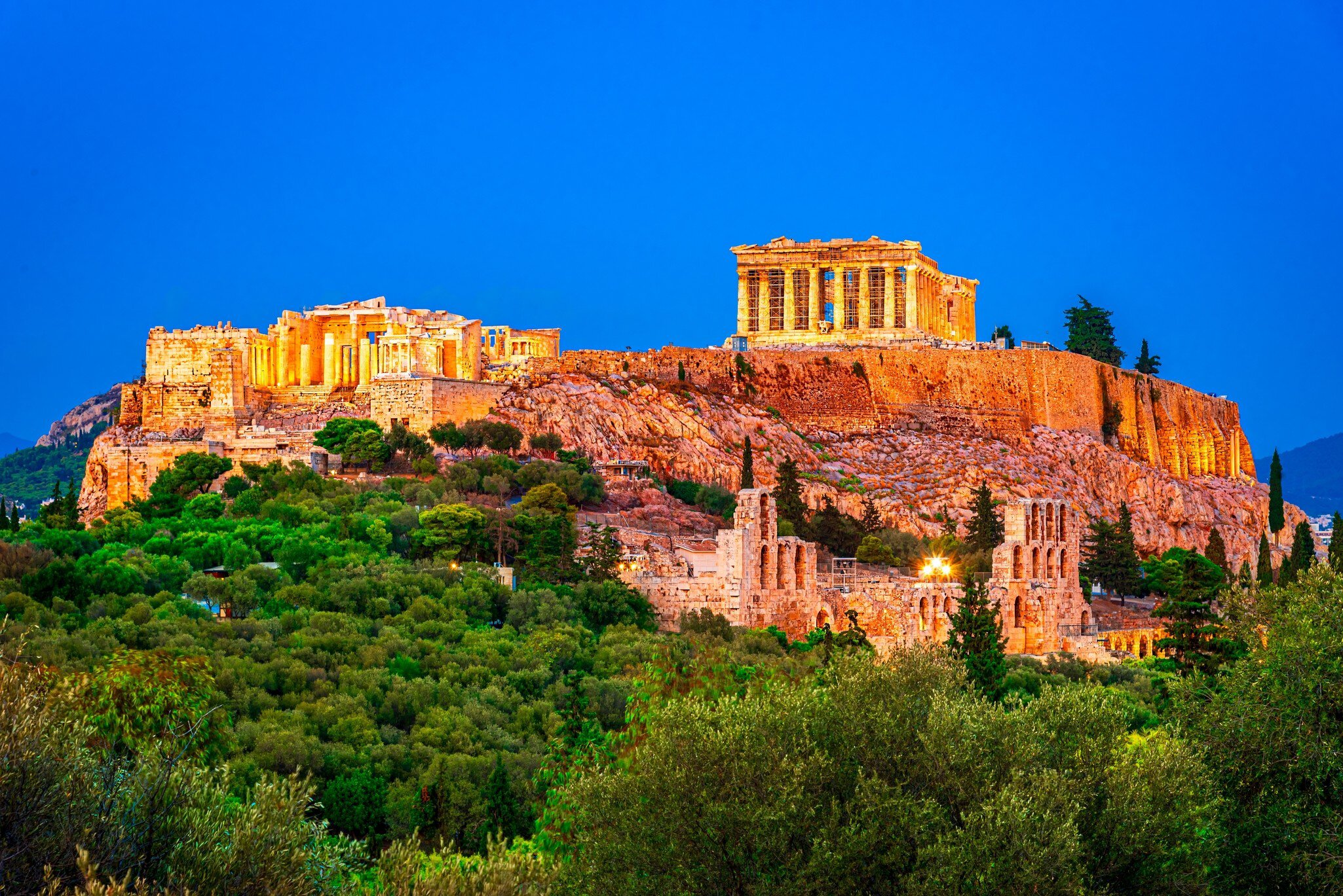 View of the Parthenon in Athens, Greece, at nighttime.