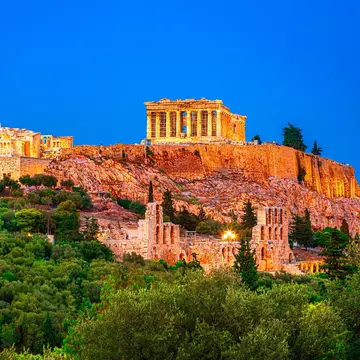 View of the Parthenon in Athens, Greece, at nighttime.