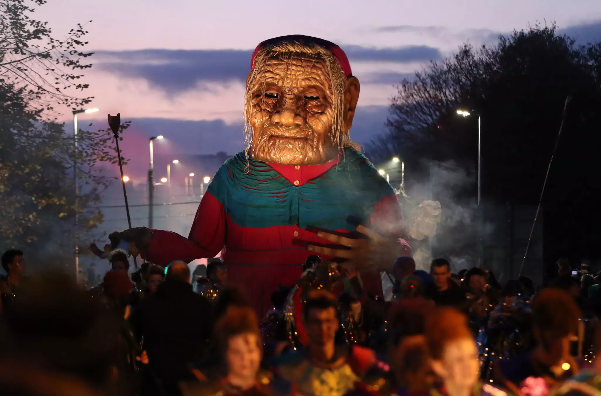 A large float of a spooky man in a Halloween parade in Galway, Ireland.