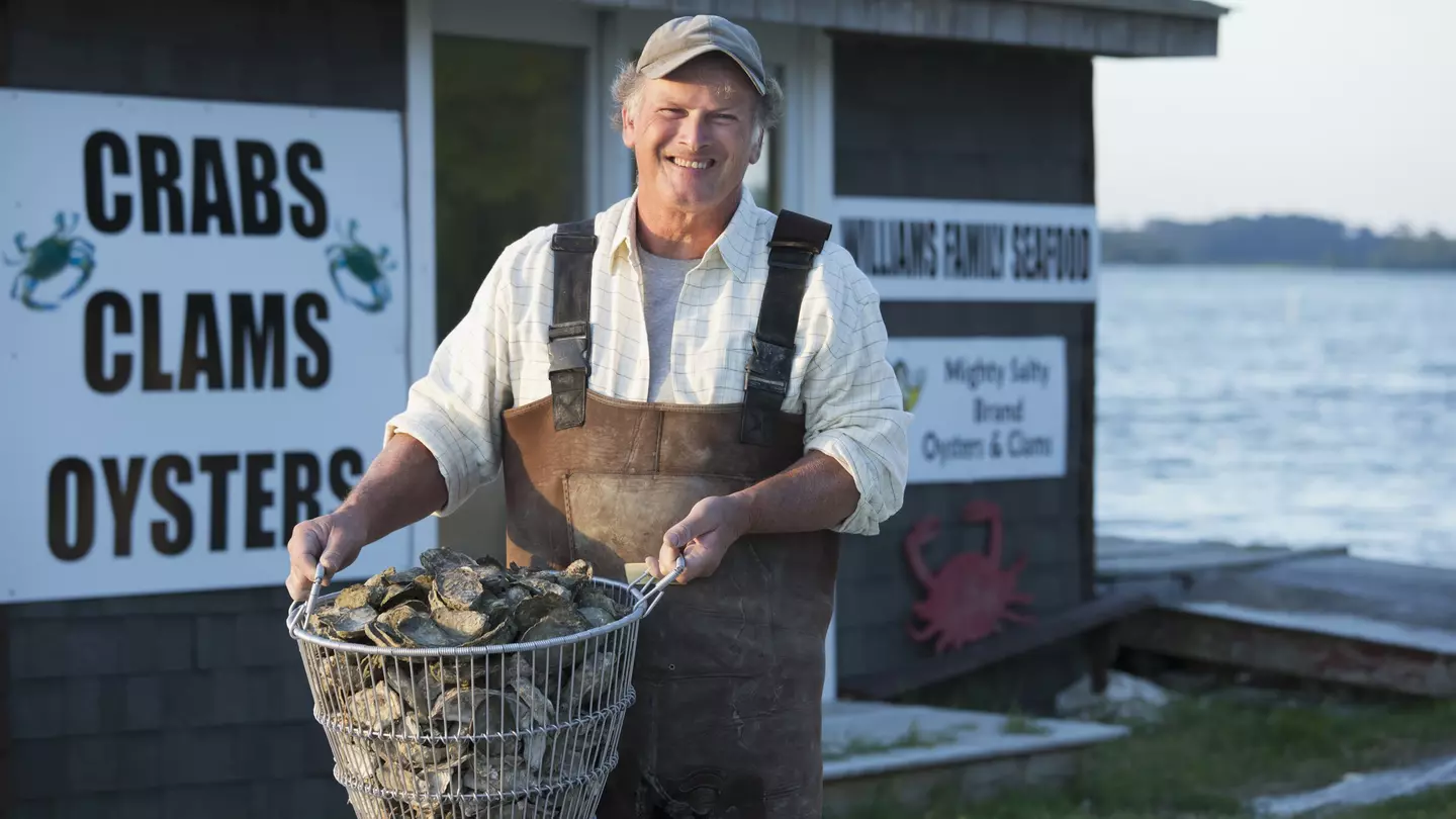 Caucasian fisherman holding basket of oysters in Northern Neck Virginia